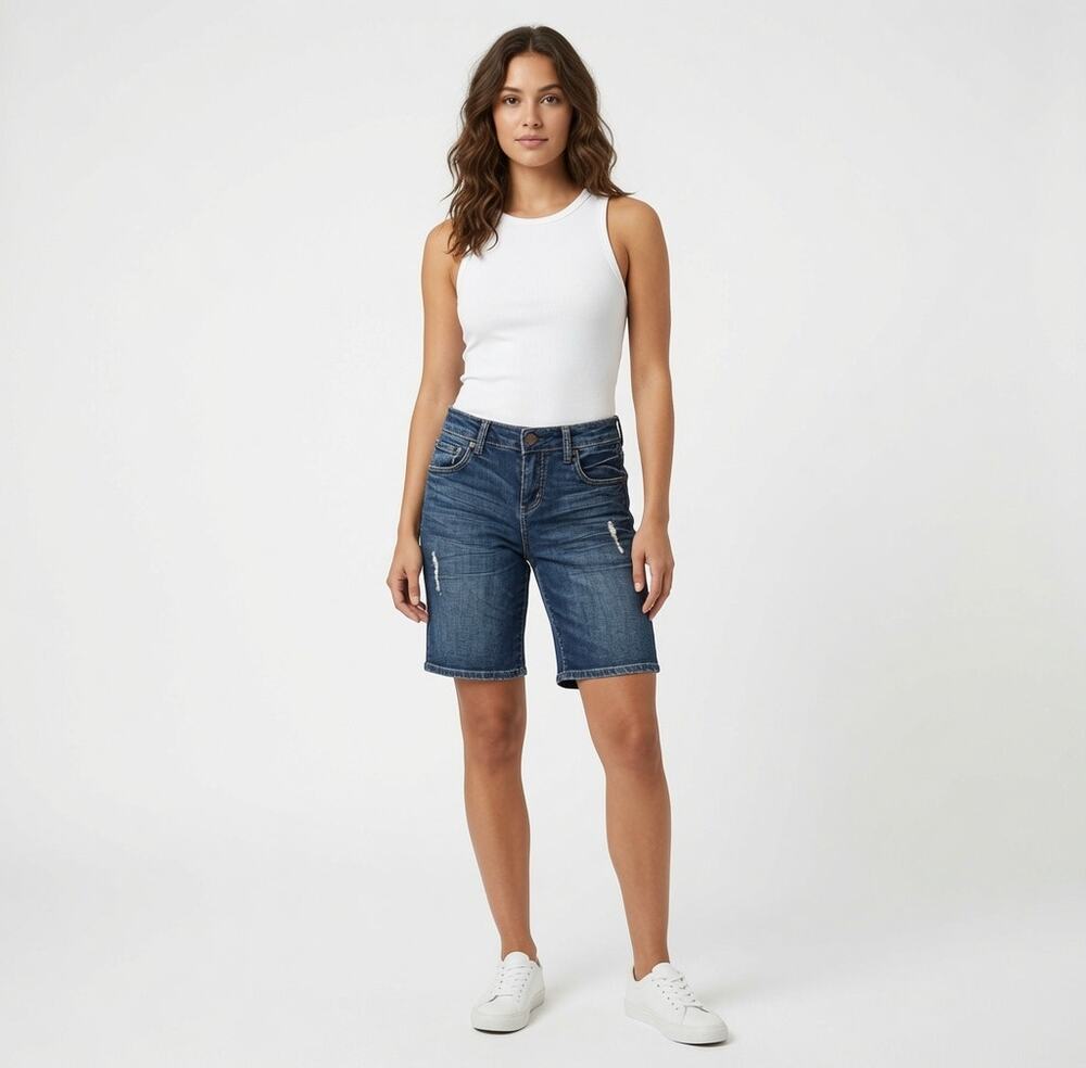Kut from the Kloth Denim Stretch Distressed Long Bermuda Shorts Size 2